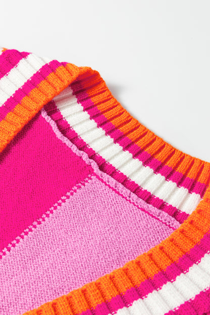 Yellow Striped Checkered Contrast Patchwork V Neck Sweater Vest