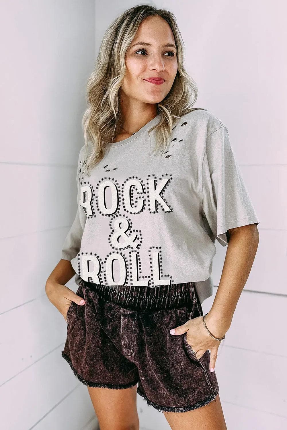 Tops/Tops & Tees Gray Rock & Roll Graphic Distressed Vintage Tee