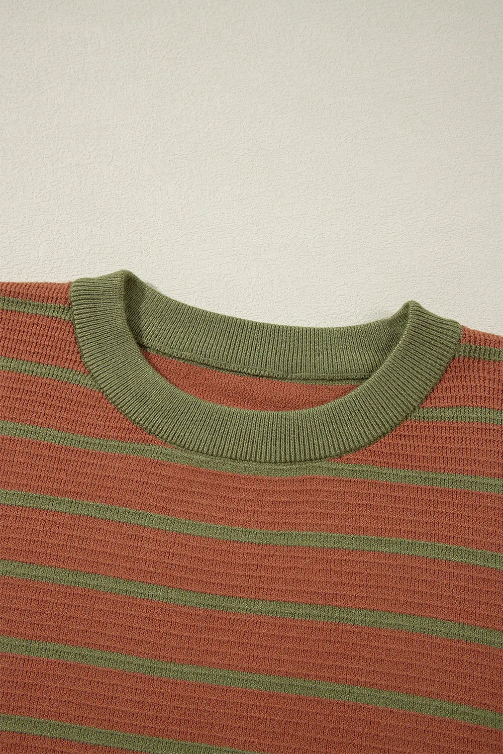 Brown Stripe Trimmed Round Neck Drop Shoulder Loose Sweater - Chic Meadow Boutique 