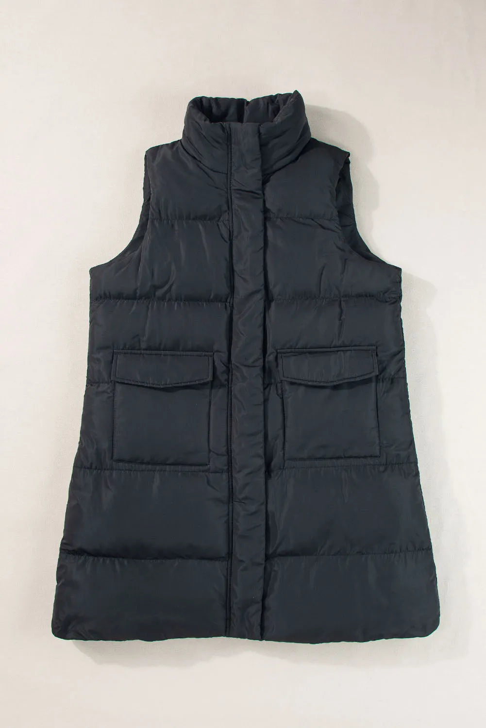 Black Windproof Longline Full Zipper Puffer Vest with Pockets - Chic Meadow Boutique 