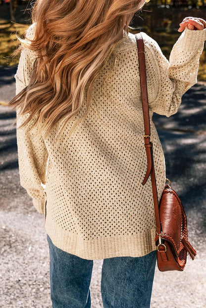 Parchment Loose Eyelet V Neck Drop Shoulder Sweater - Chic Meadow Boutique 