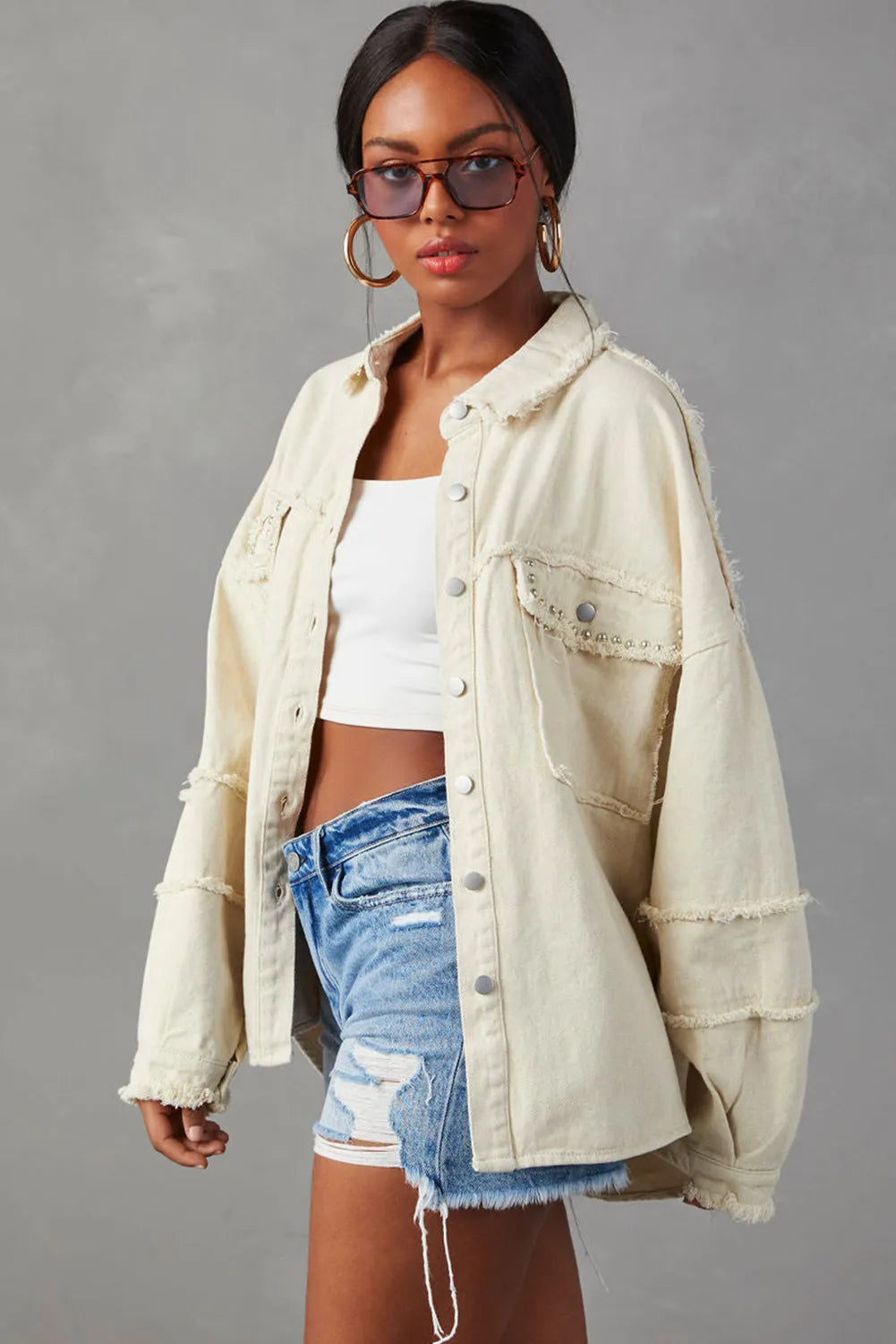 White Frayed Exposed Seam Denim Jacket - Chic Meadow Boutique 