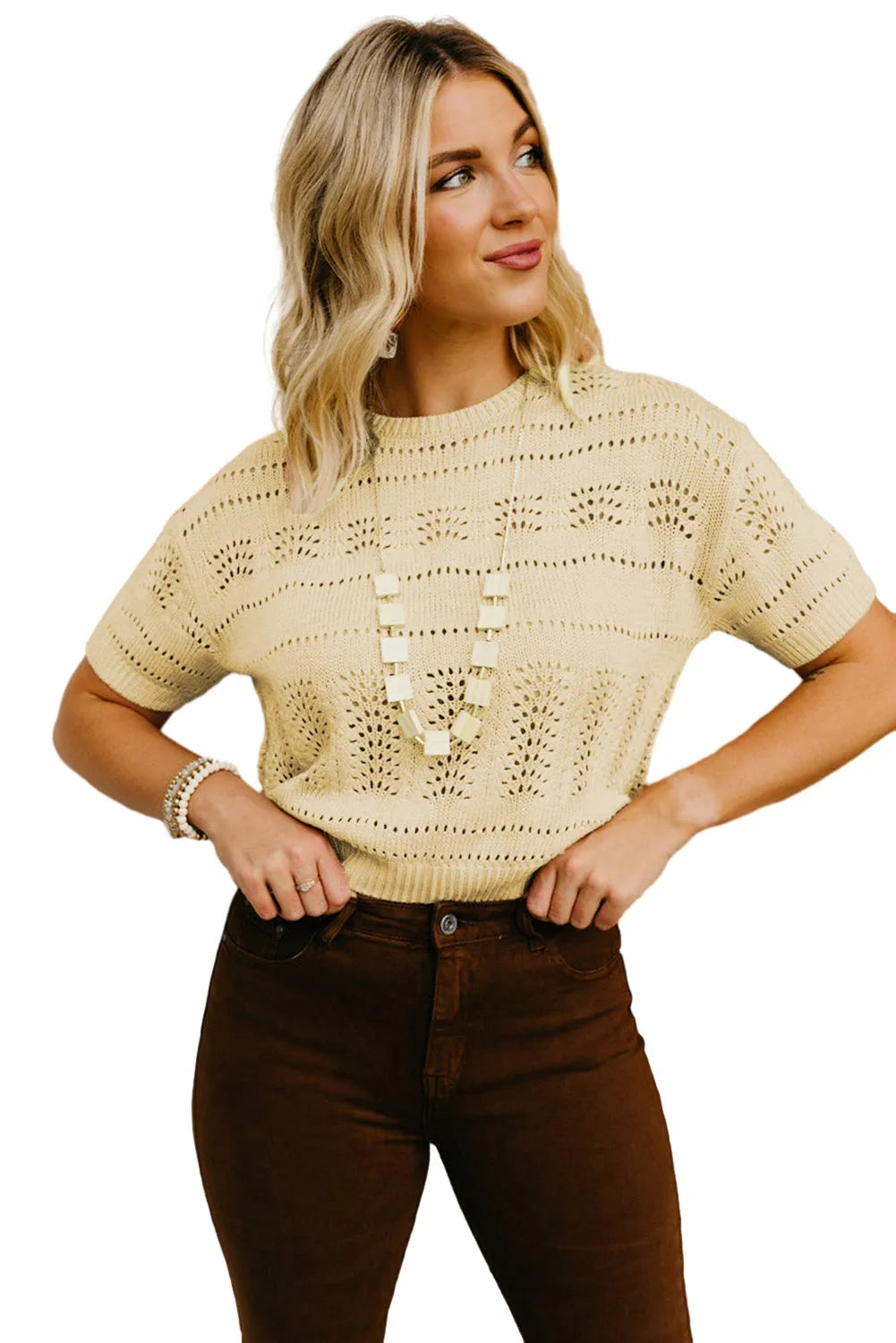 Beige Knitted Hollow out Short Sleeve Crop Sweater - Chic Meadow Boutique 