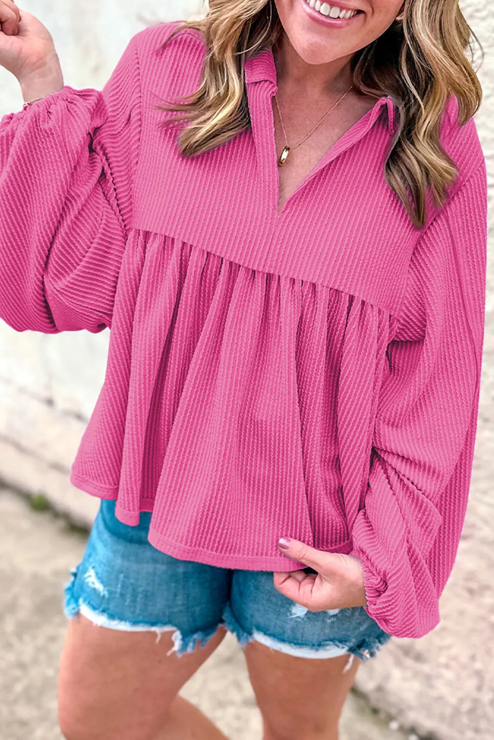 Bright Pink Corded Turn-down V Neck Bubble Sleeve Babydoll Blouse - Chic Meadow Boutique 