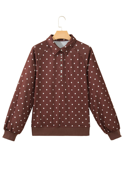 Brown Polka Dot Print Metal Button Collar Casual Pullover Sweatshirt