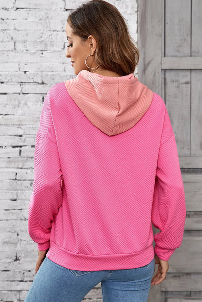 Pink Textured Color Block Kangaroo Pocket Drop Shoulder Hoodie - Chic Meadow Boutique 