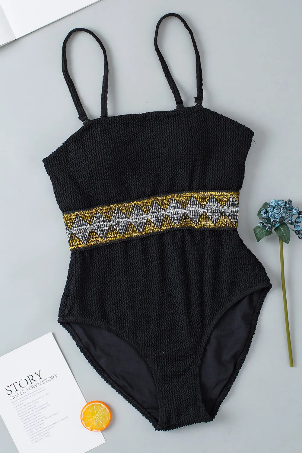 Black Geometric Trim High Waist Strapless One Piece Swimsuit - Chic Meadow Boutique 