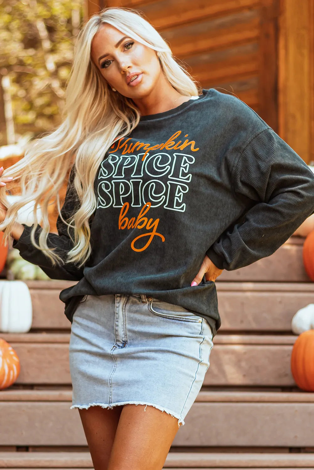 Dark Grey Halloween Pumpkin Spice Baby Graphic Textured Sweatshirt - Chic Meadow Boutique 