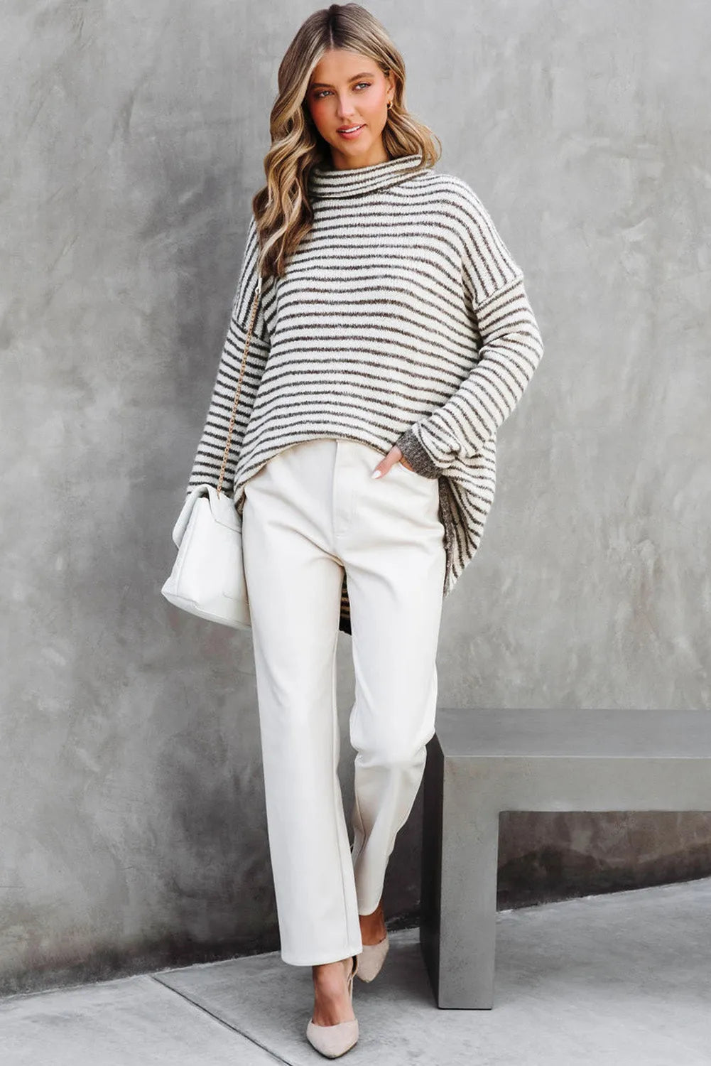 Khaki Striped Turtleneck Loose Sweater - Chic Meadow Boutique 