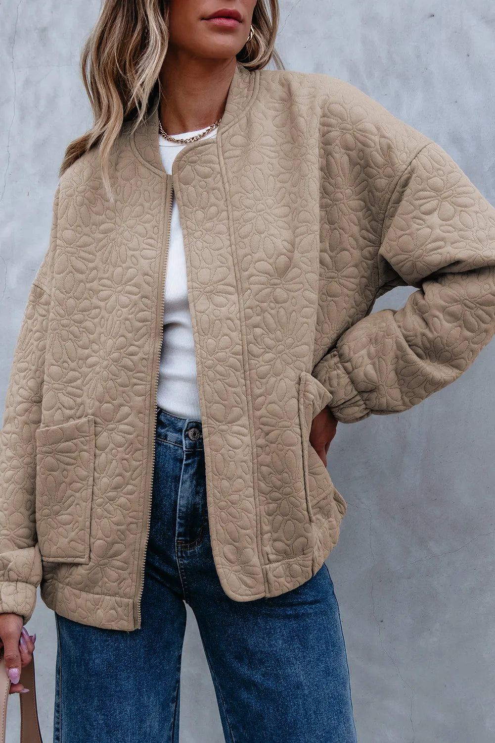 Light French Beige Floral Quilted Jacket - Chic Meadow Boutique 