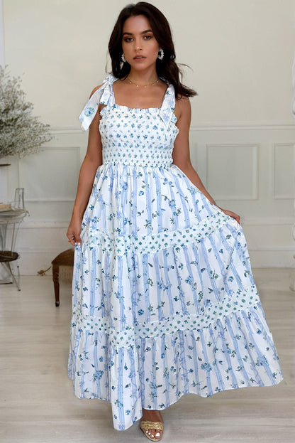 Sky Blue Floral Smocked Tied Straps A-Lined Tiered Maxi Dress