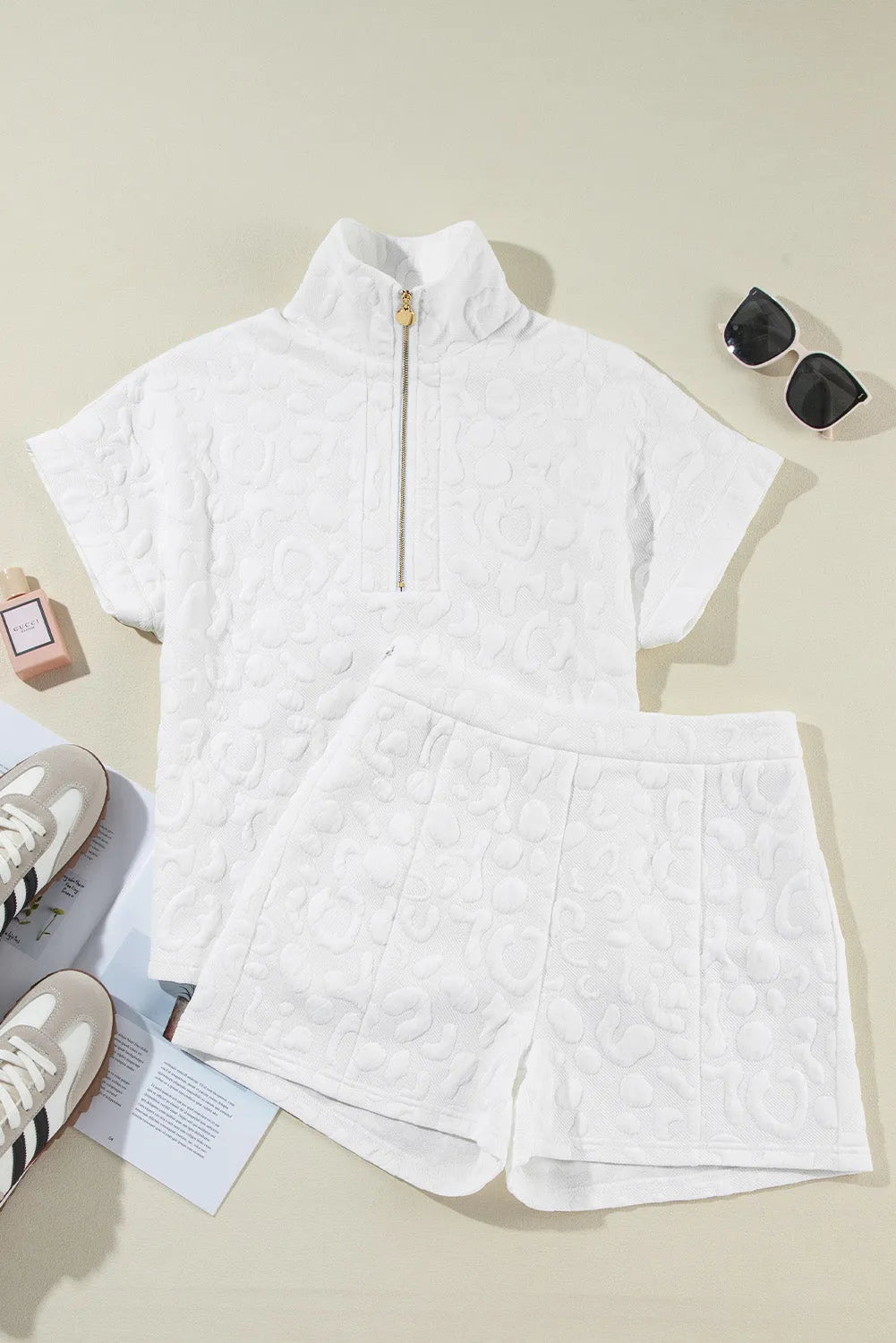 White Leopard Jacquard Quarter Zip Tee and Shorts Set - Chic Meadow Boutique 