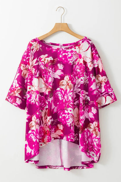 Red Floral Print Short Sleeve Plus Size Blouse - Chic Meadow Boutique 