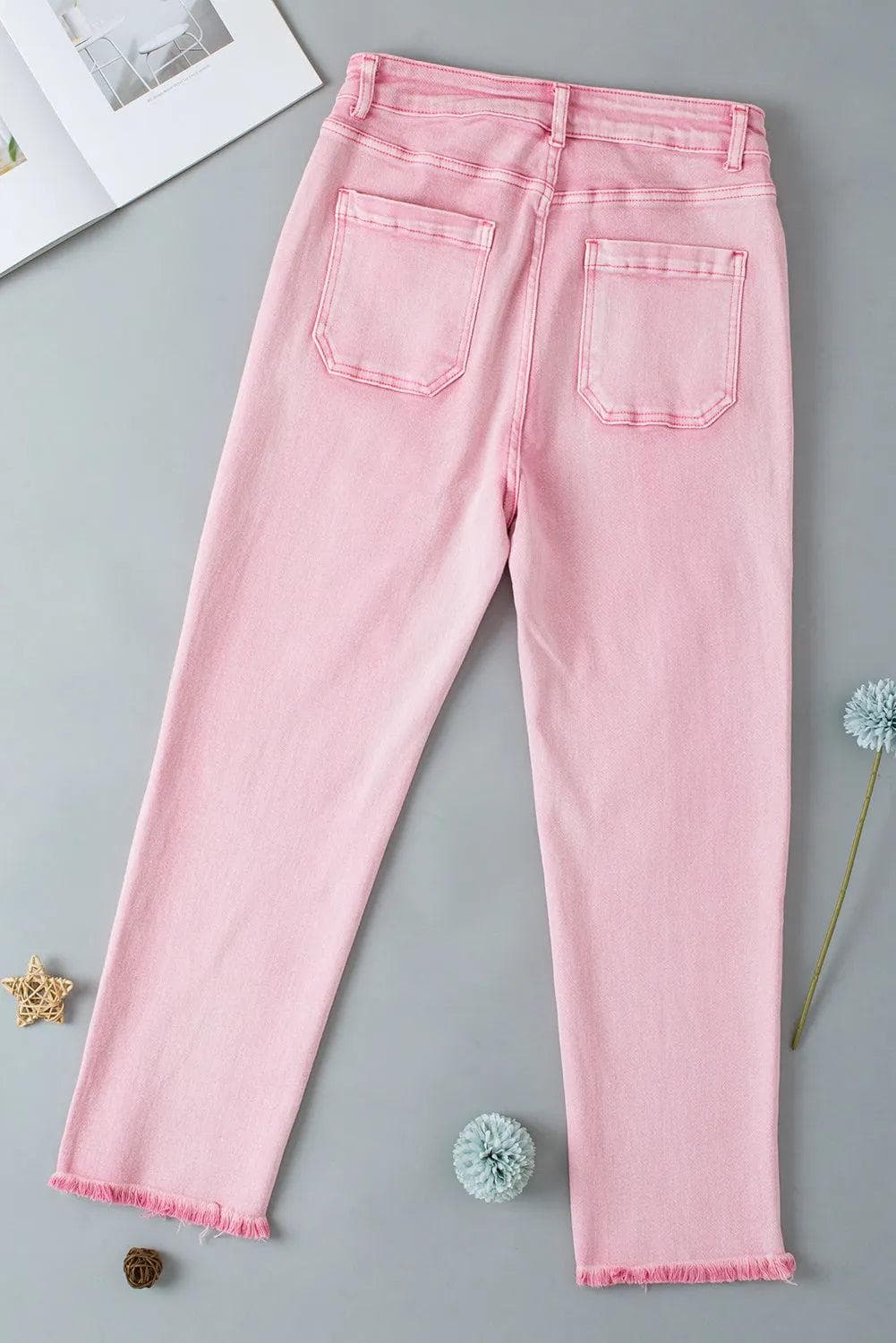 Bottoms/Jeans Apricot Pink Multi Buttons Raw Edge Crop Jeans