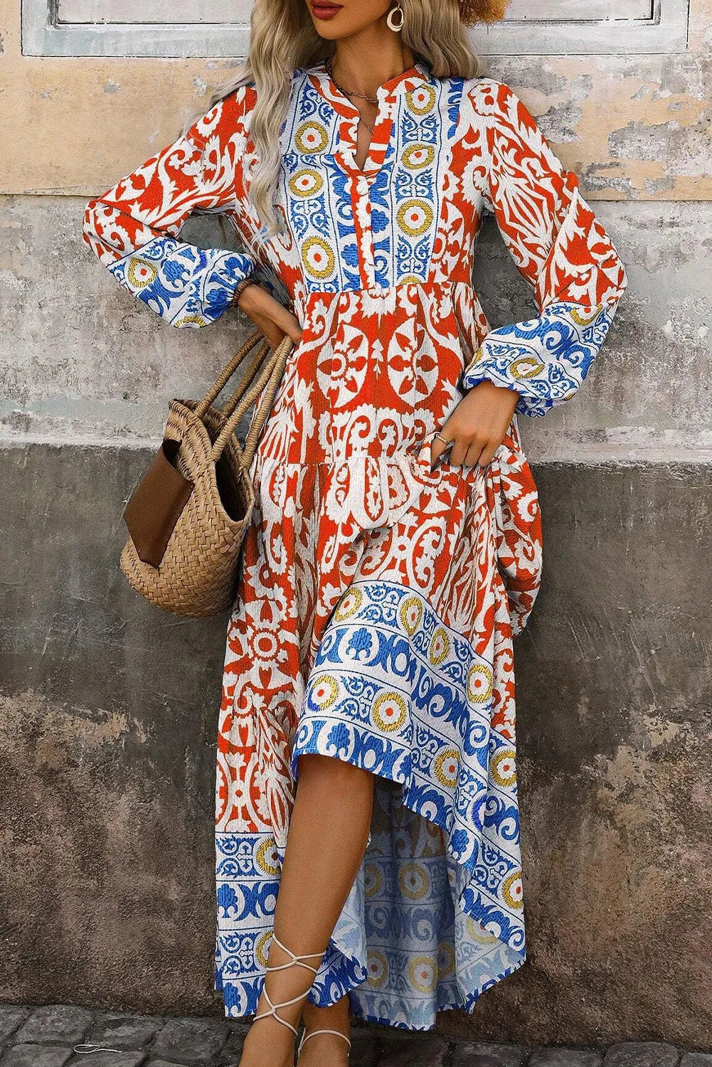 Orange Boho Geometric Printed Long Sleeve Maxi Dress - Chic Meadow Boutique 