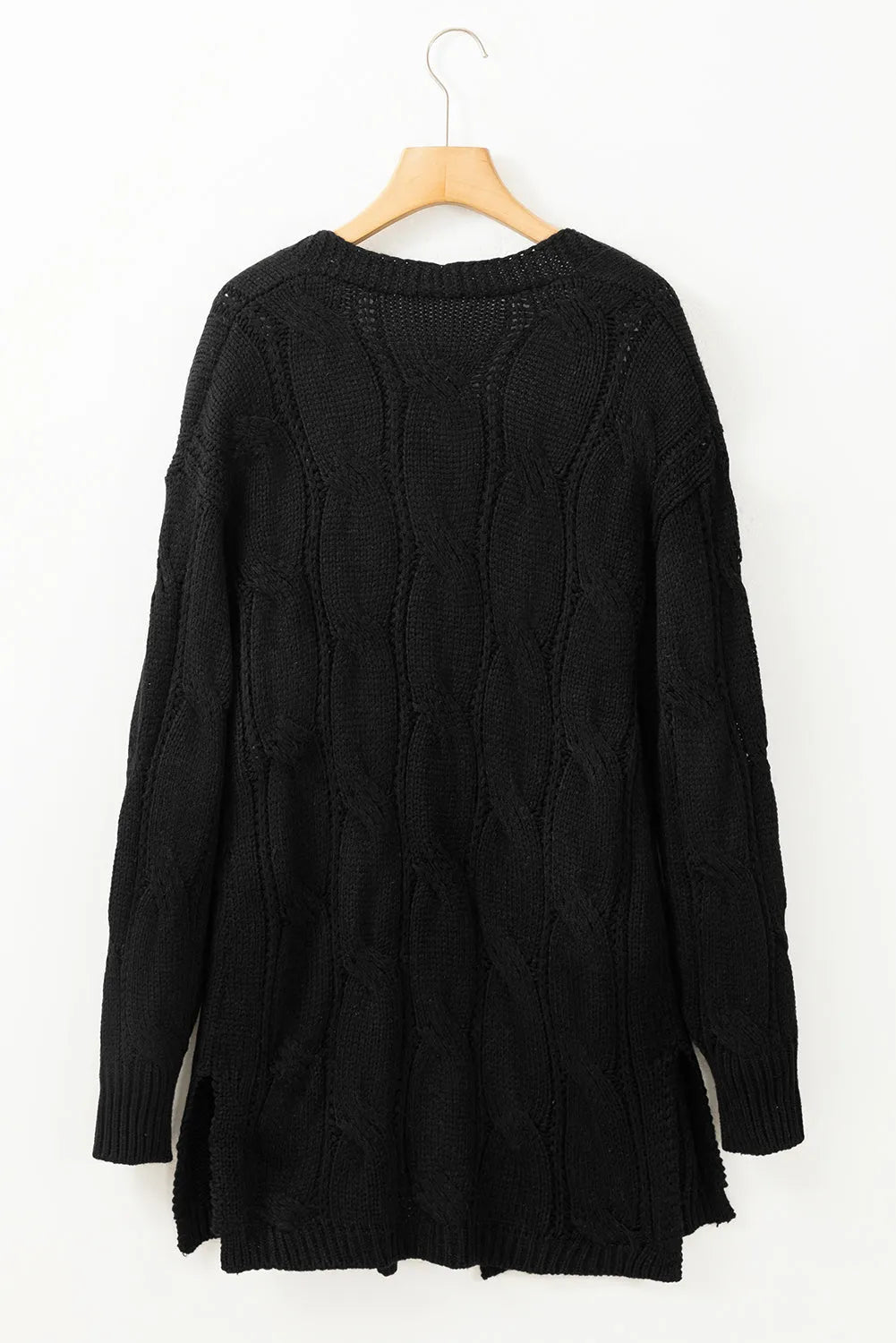 Black Ribbed Trim Eyelet Cable Knit Cardigan - Chic Meadow Boutique 