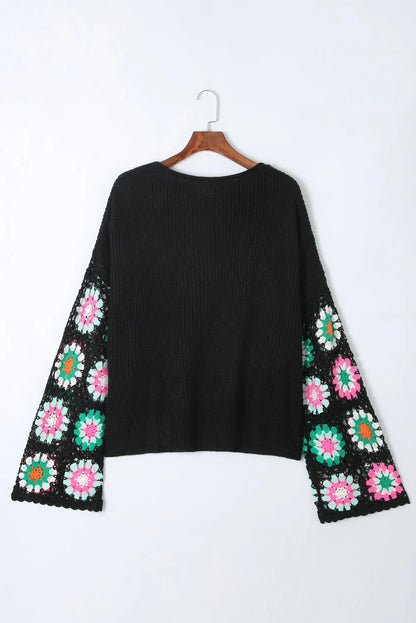 Black Floral Crochet Bell Sleeve Loose Sweater - Chic Meadow Boutique 