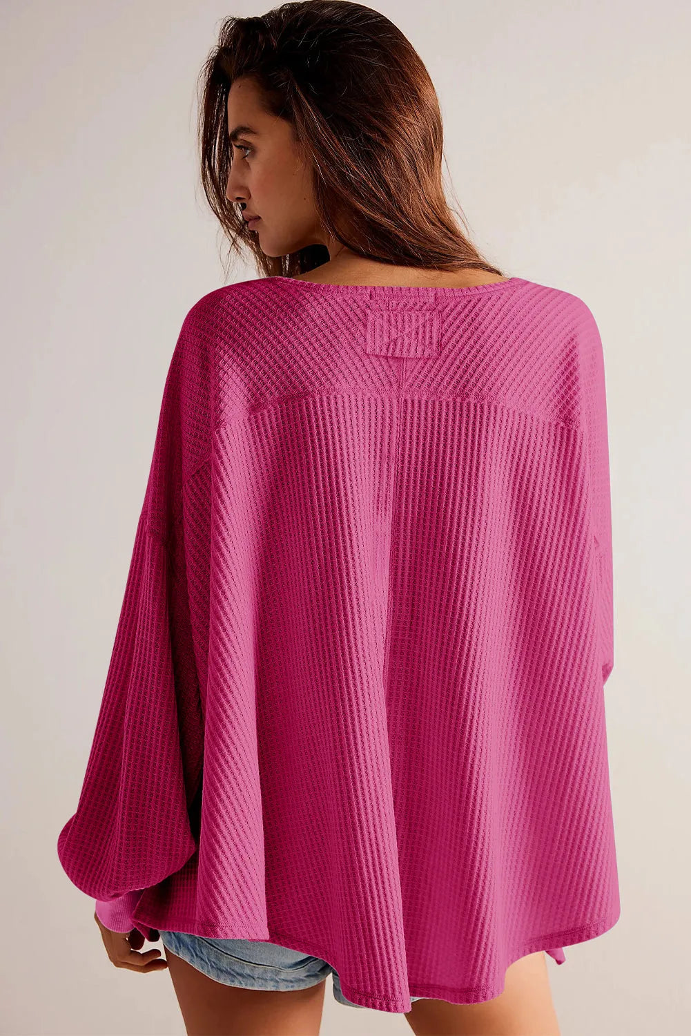 Bright Pink Waffle V Neck Long Sleeve Drop Shoulder Loose Blouse - Chic Meadow Boutique 