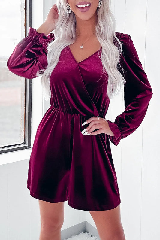 Red Dahlia Velvet Surplice Neck Ruffled Sleeve High Waist Romper - Chic Meadow Boutique 