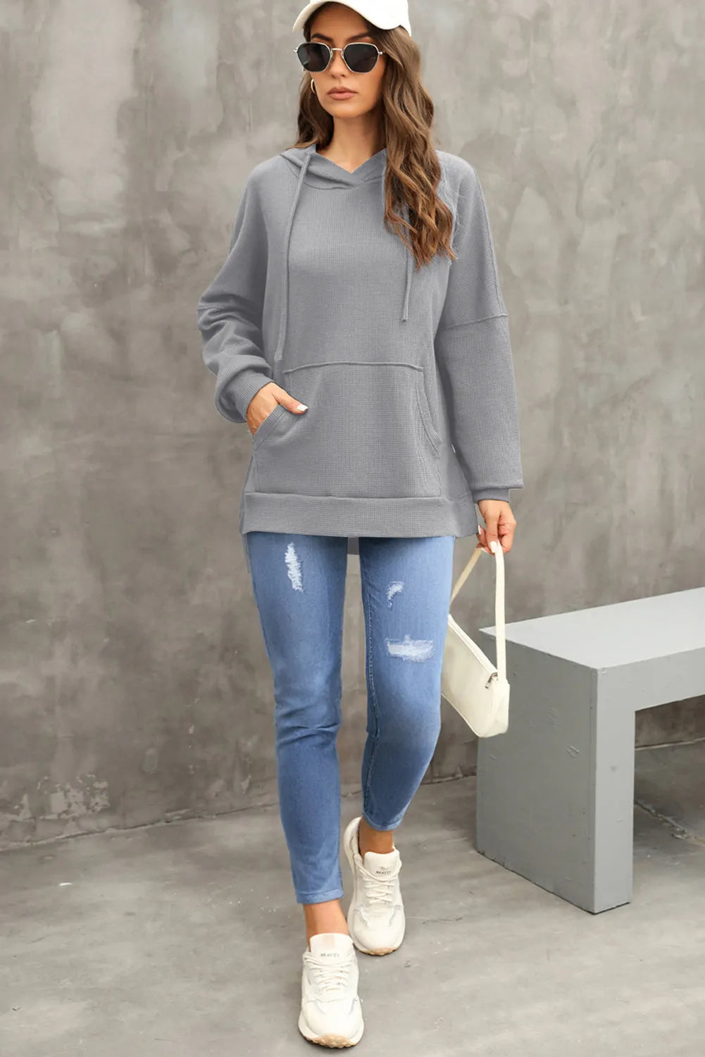 Gray Waffle Knit Fleece Lined High Low Oversized Hoodie - Chic Meadow Boutique 