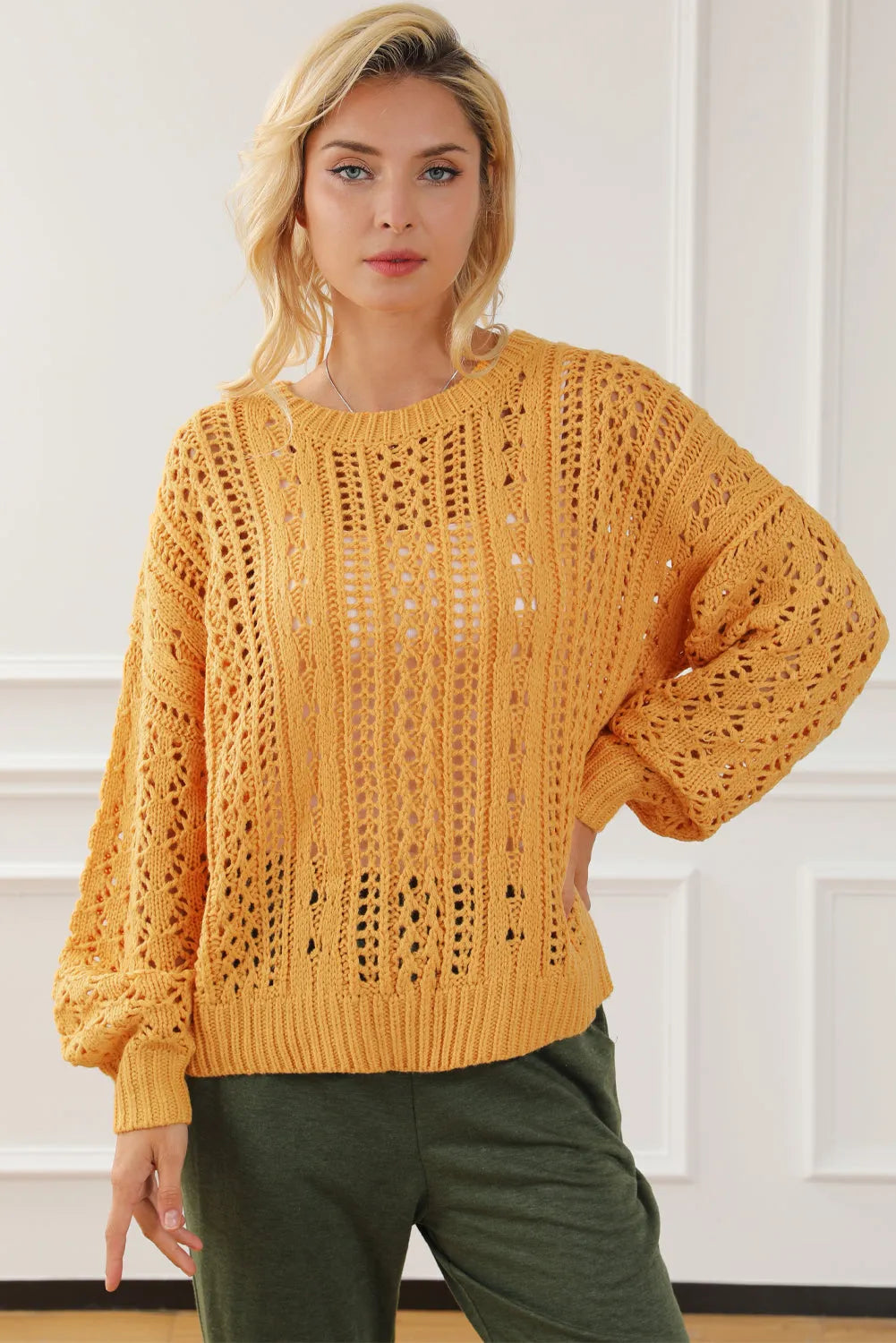 Ginger Cable Knit Hollow Out Drop Shoulder Sweater - Chic Meadow Boutique 