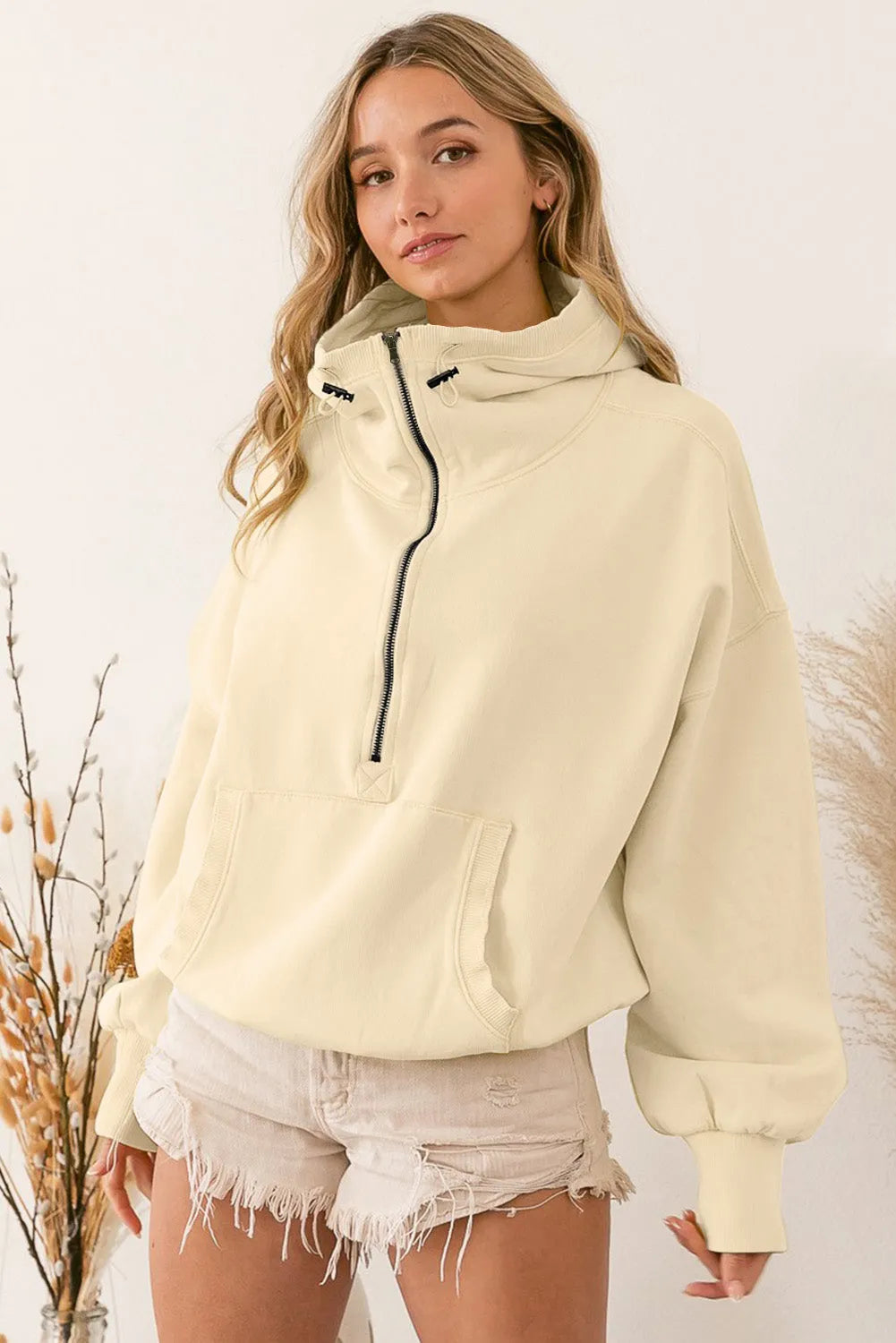 Beige Ribbed Trim Kangaroo Pocket Zipped Hoodie - Chic Meadow Boutique 