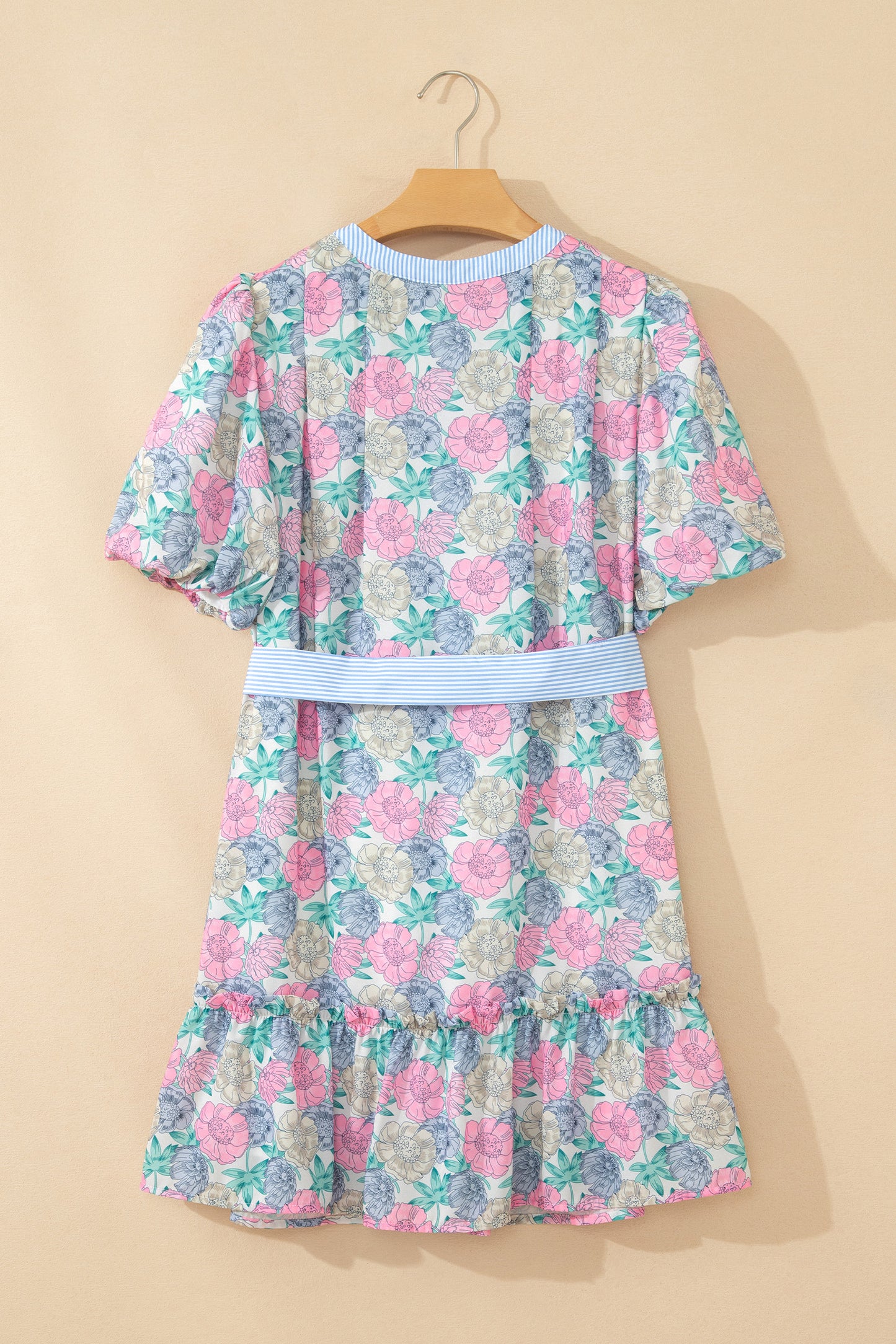 White Floral Print Striped Contrast Trim Belted Short Dress