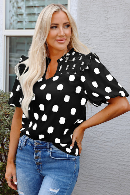 Black Polka Dot Print Shirred Yoke Notched Neck Balloon Sleeve Blouse