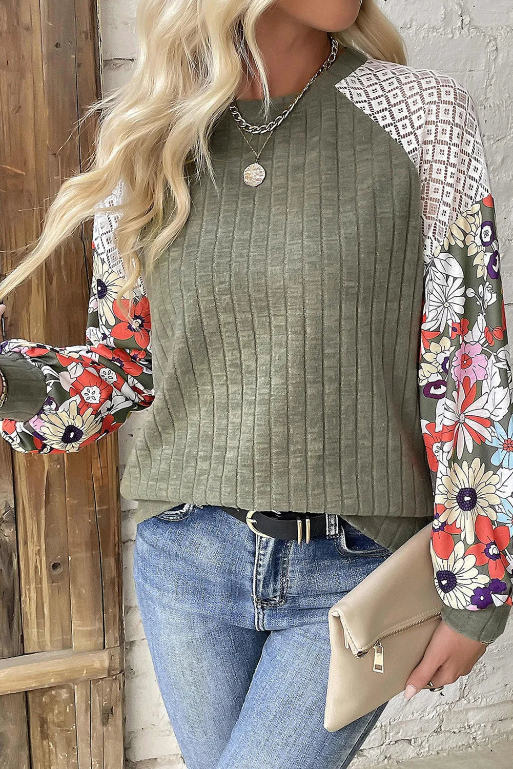 Laurel Green Floral Patchwork Long Sleeve Ribbed Blouse - Chic Meadow Boutique 