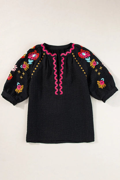 Black Floral Embroidered Ricrac Puff Sleeve Textured Blouse - Chic Meadow Boutique 