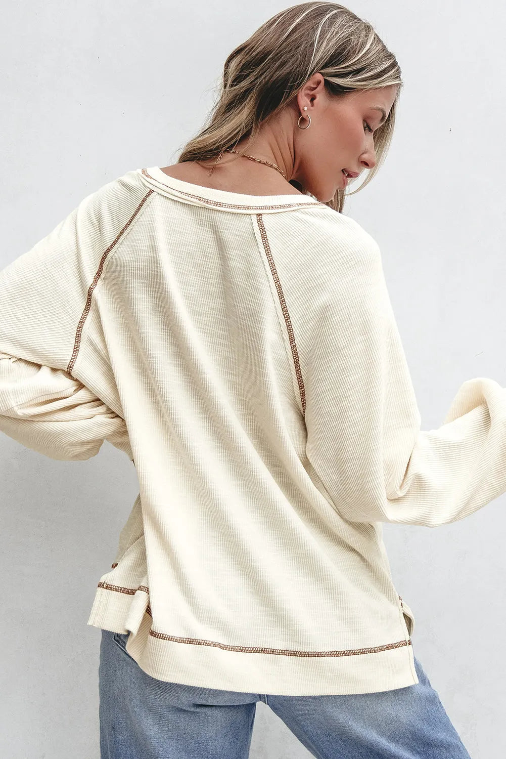 Beige Exposed Seam Textured Knit V Neck Pullover Top - Chic Meadow Boutique 