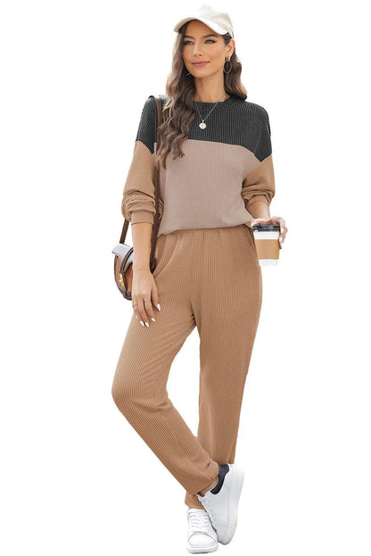 Two Piece Sets/Pant Sets Khaki Corded 2pcs Colorblock Pullover and Pants Outfit