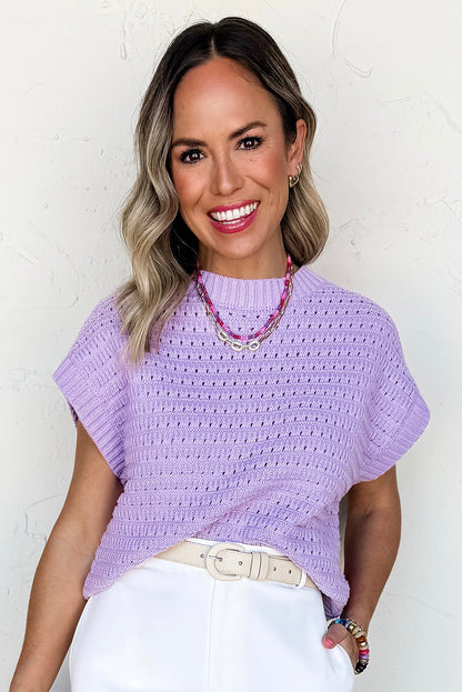 Lavendula Pointelle knit Ribbed Trim Short Sleeve Sweater