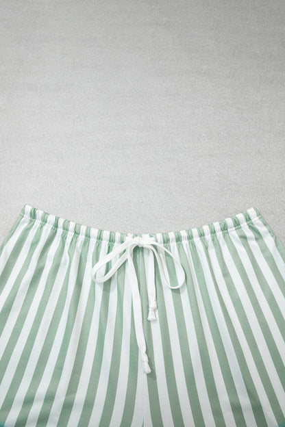 Smoke Green Striped Patchwork V Neck Two Piece Shorts Plus Size Set