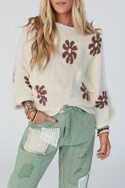 White Colorblock Floral Pattern Round Neck Sweater