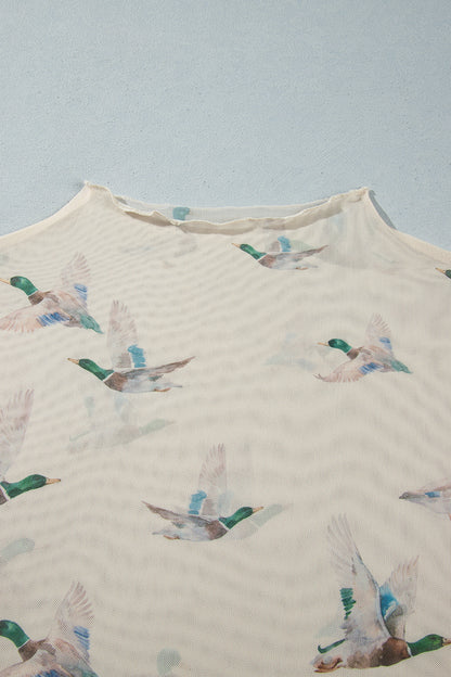 Beige Mesh Duck Print Tunic Long Sleeve Plus Size Blouse