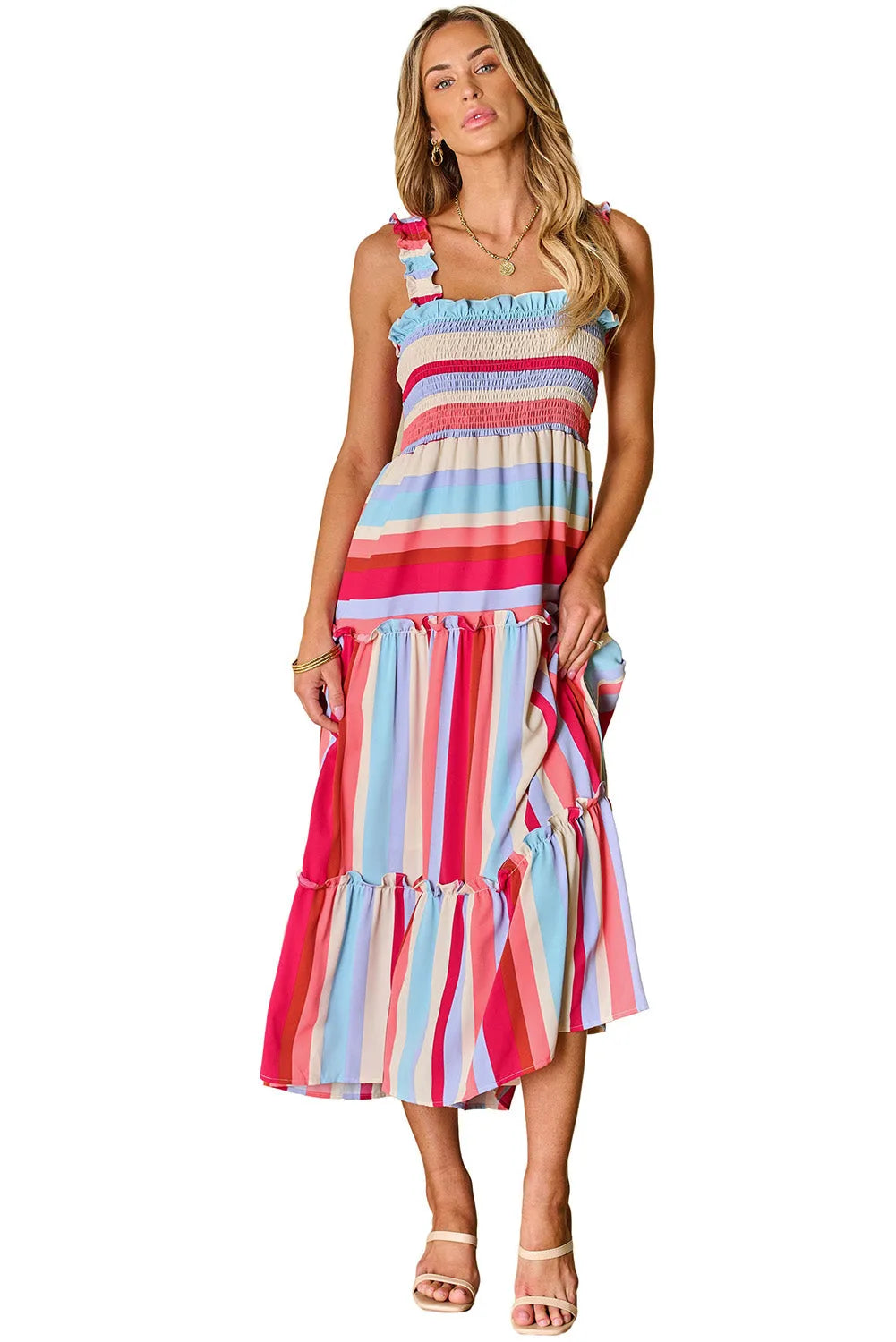 Red Stripe Ruffled Straps Smocked Tiered Long Dress - Chic Meadow Boutique 