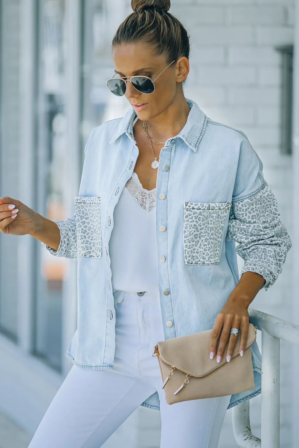 Sky Blue Contrast Leopard Denim Jacket - Chic Meadow Boutique 