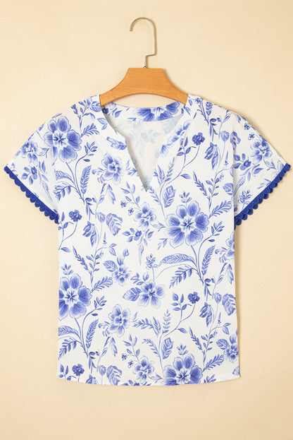 Blue Elegant Floral Print Ricrac Trim Short Sleeve Blouse