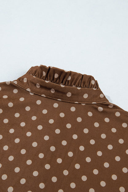 Brown Polka Dot V Neck Long Sleeve Button Shift Dress