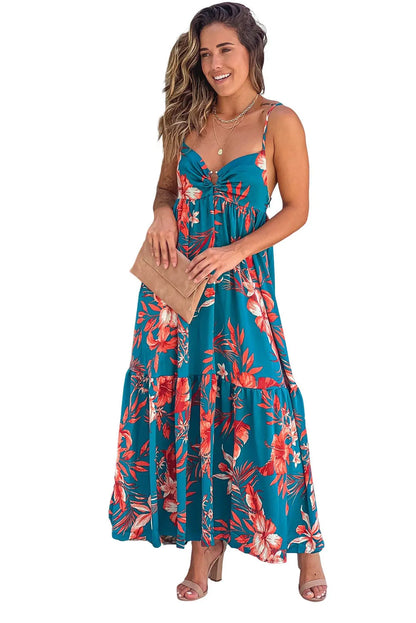 Sky Blue Strappy Open Back Floral Maxi Dress - Chic Meadow Boutique 