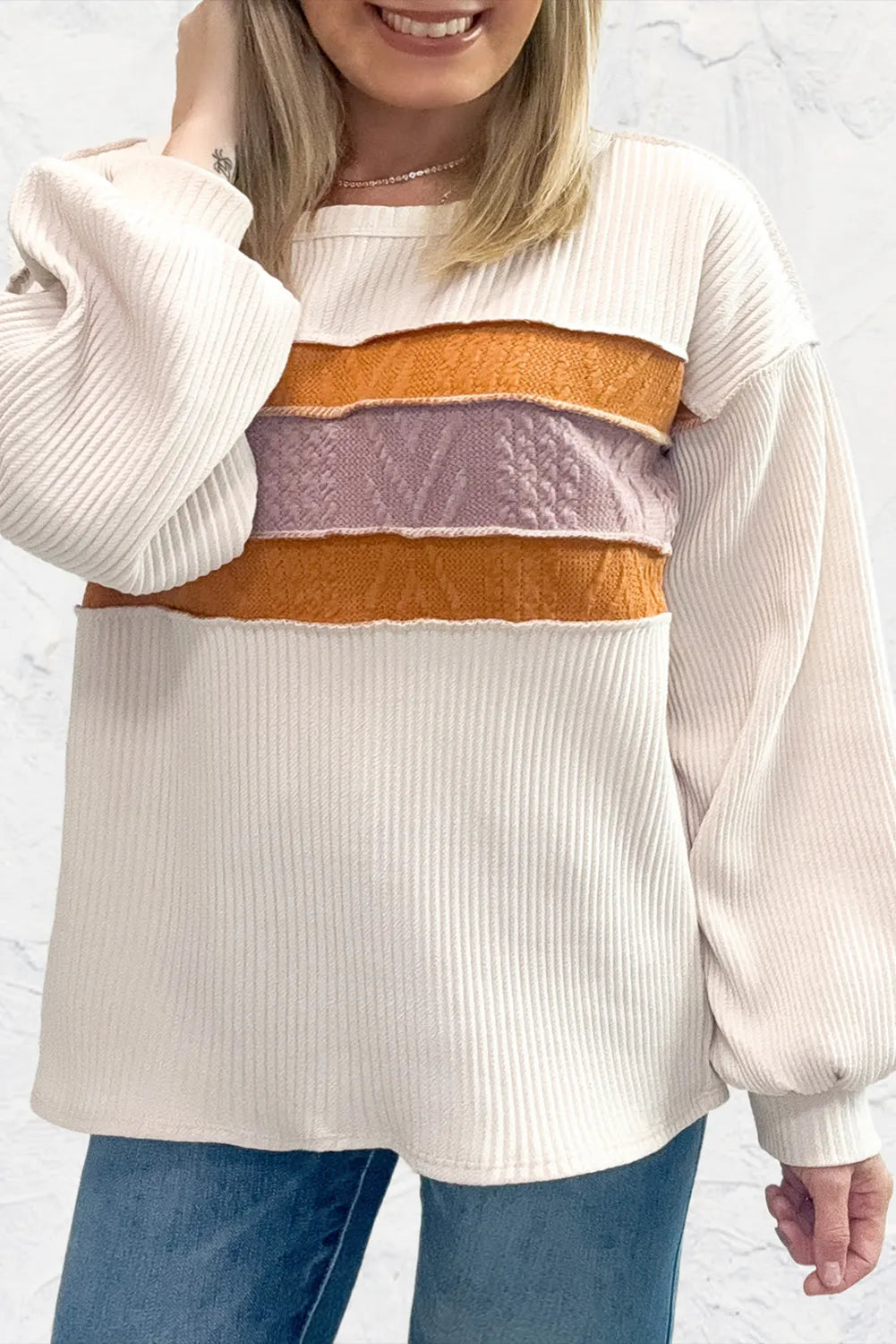 White Corded Exposed Seam Knit Patchwork Drop Sleeve Top - Chic Meadow Boutique 