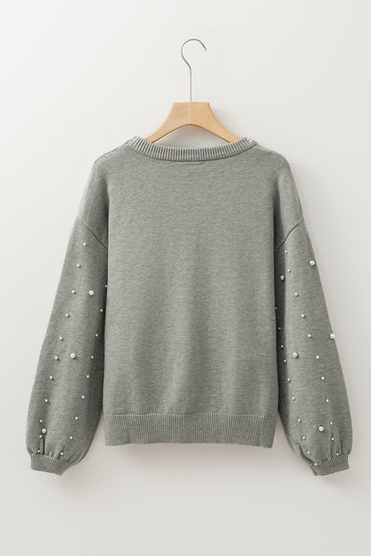 Light Grey Pearled Drop Shoulder Round Neck Sweater