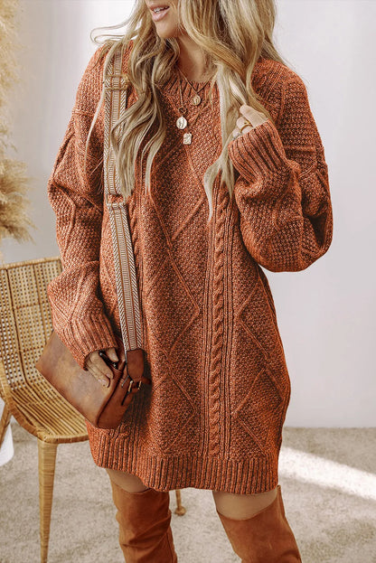 Coffee Cable Knit Drop Shoulder Loose Fit Sweater Dress - Chic Meadow Boutique 