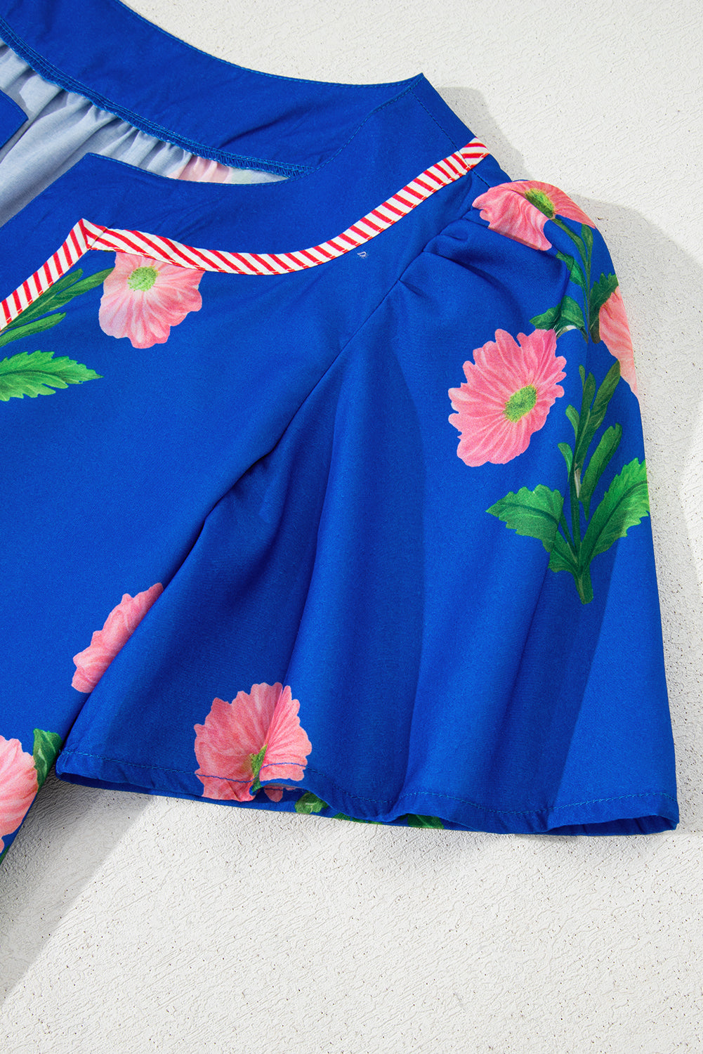 Blue Floral Short Sleeve Split Neck Loose Mini Dress