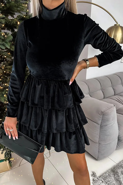 Black Velvet High Neck Tiered Ruffle Mini Dress - Chic Meadow Boutique 