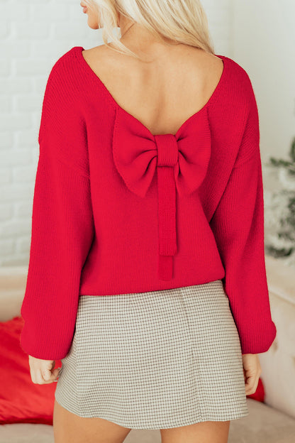 Fiery Red Festive Bow Backless Bubble Sleeve Sweater