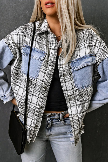 Sky Blue Plaid Patchwork Fringed Flap Pockets Denim Jacket - Chic Meadow Boutique 