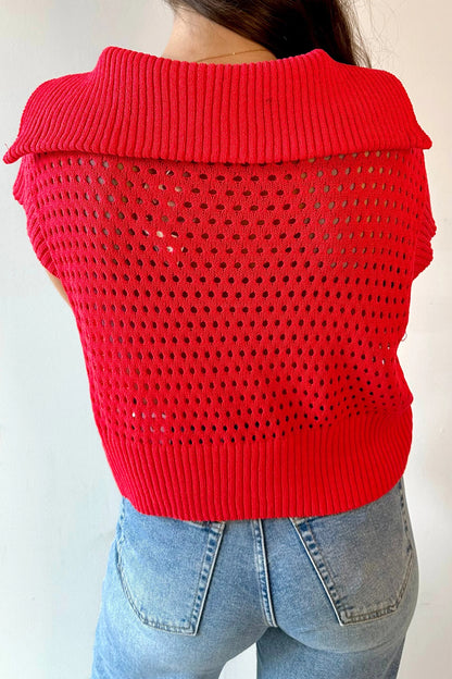 Fiery Red Solid Color Hollowed Knit Short Sleeve Zipper Collar Knitwear Top