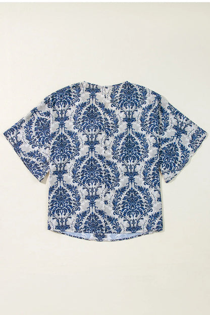 Blue Vintage Flower Tree Quarter Sleeve V Neck Blouse - Chic Meadow Boutique 